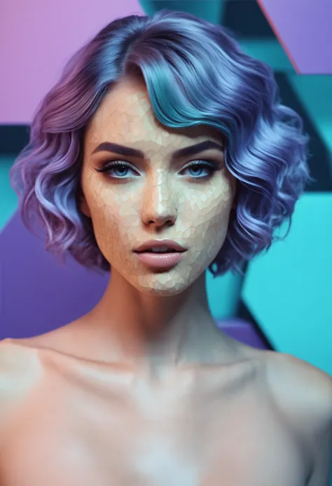 professional studio quality, fashion photography portrait of a model naked 22y, in teal-lilac constructed of millions of voxels ...