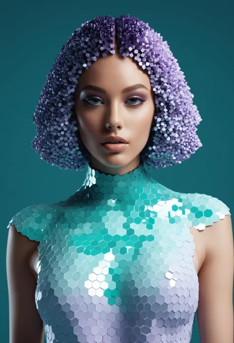 professional studio quality, fashion photography portrait of a model naked 22y, in teal-lilac constructed of millions of voxels ...