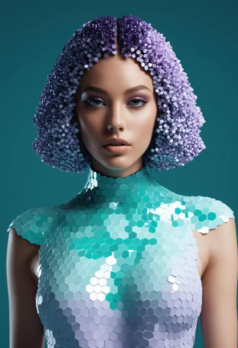 professional studio quality, fashion photography portrait of a model naked 22y, in teal-lilac constructed of millions of voxels body, each voxel has a distinctive visible hexagon:1.3 face, cinematic, super realistic, amazing, highly reflective, depth of field,