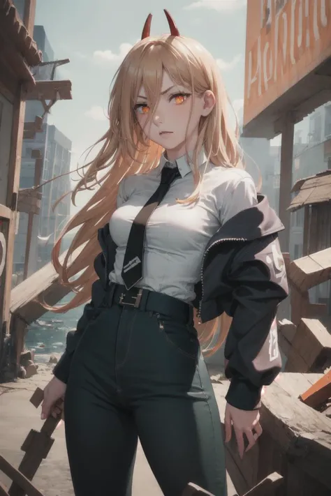 anime girl with long blonde hair and a white shirt and black pants