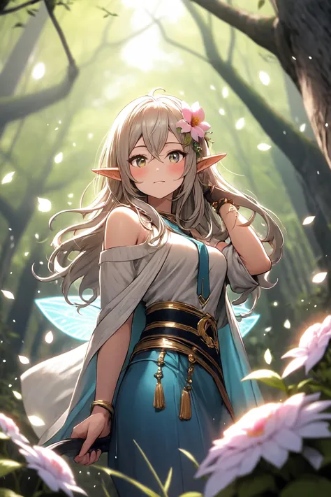 best quality, 1girl,  solo, athletic, glowing, elf, pointy ears,  spring, forest, fantasy, sparkle, flower, fairies,