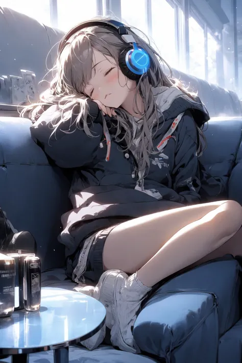 1girl, listening to music, close eyes, indoors, couch, headphones