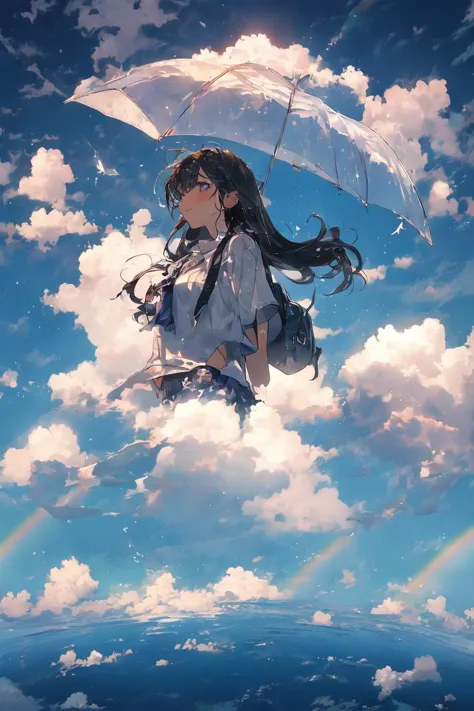 anime girl flying in the sky with an umbrella