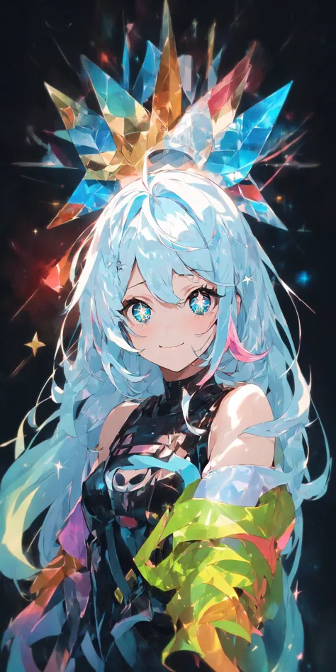 a girl with blue hair and a crown on her head