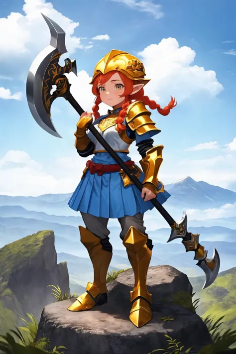 a woman in armor holding a large ax standing on top of a rock