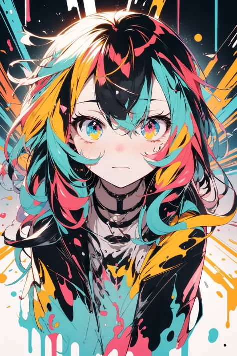 extreme quality, cg, detailed face+eyes, (bright colors), splashes of color background, colors mashing, paint splatter, complime...