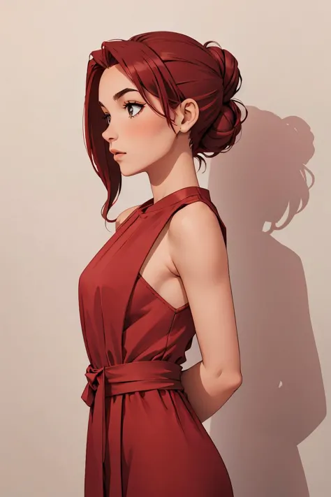 (masterpiece, best quality), 1girl, Golden Copper Side Swept Updo, flat chest,  <lora:clolth:1> maroon dress with a side silk