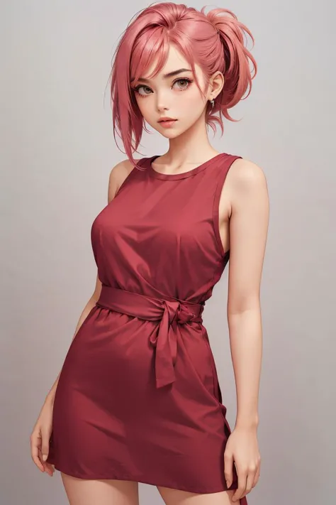 (masterpiece, best quality), 1girl, Flamingo pink Messy Quiff with Tapered Sides, Sizes M to Z breasts,  <lora:clolth:1> maroon dress with a side silk