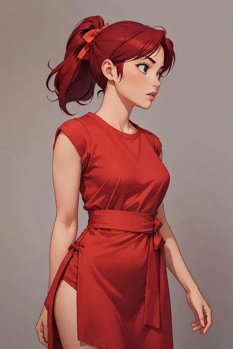 (masterpiece, best quality), 1girl, Orange-red Low Ponytail with Ribbon Wrap, Size B breasts,  <lora:clolth:1> maroon dress with a side silk