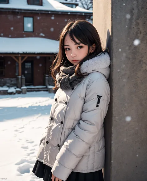 a woman standing in the snow wearing a jacket and scarf