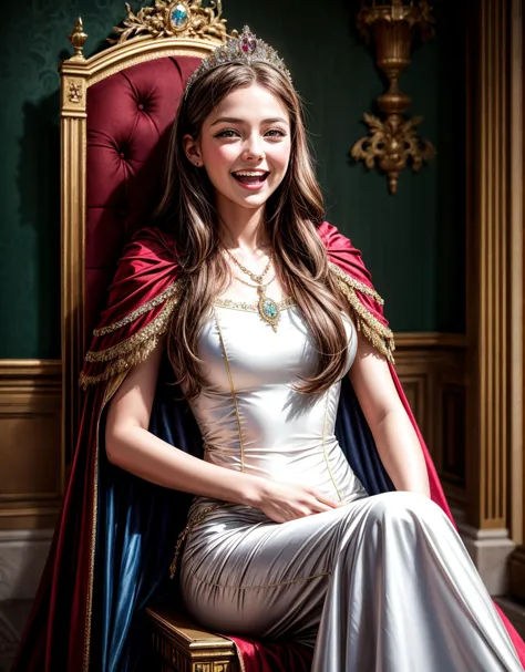 (masterpiece, best quality), (absurdres:1.3), (photorealistic:1.5), RAW photo of young princess, long hair, slim, laughing, princess costume, sitting on throne, palace, jewelry, cape, knights, tiara