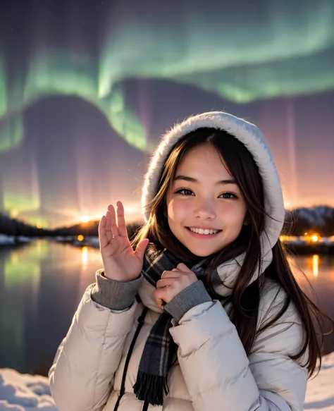 RAW photo of 1girl, night, nature, outdoor, aurora, hands up, smile, winter