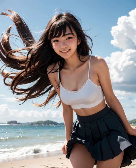 日本のRAW写真 (18歳:1.4) 美しい1人の女の子, キャミソール, (風でめくれたスカート:1.4), 長い髪, 前髪, 太もも, 屋外, ビーチ, 海, 空, 笑顔
