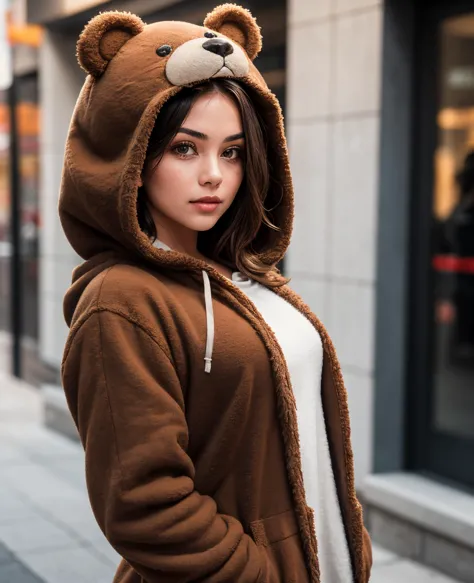 a close up of a woman wearing a brown bear hoodie