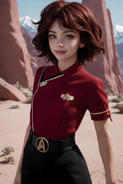 a woman in a red shirt and black skirt standing in a desert