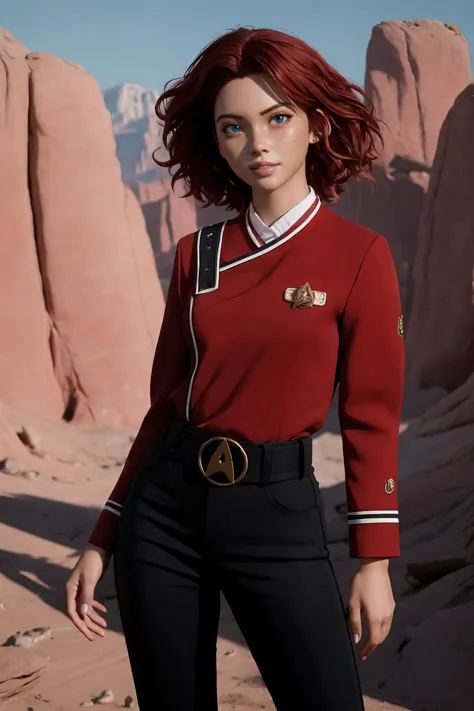 a woman in a red shirt and black pants standing in front of a rock formation