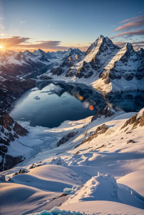 (masterpiece, best quality), (absurdres:1.3), (photorealistic:1.4), RAW photo of spectacular landscape, (ultra detailed, ultra realistic, hyper realistic, 8K, ultra highres:1.2), BREAK alps, mountains, sharp peak, skyline, ridge line, glacier, lake, snow, rock, morning glow, sun rising, dawn