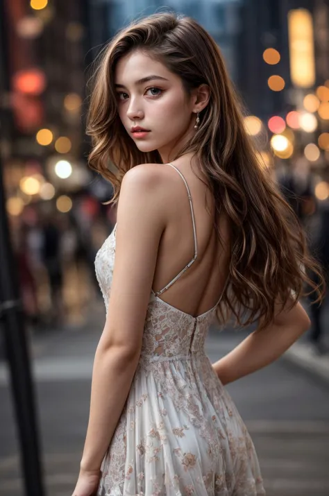 a woman in a white dress standing on a city street