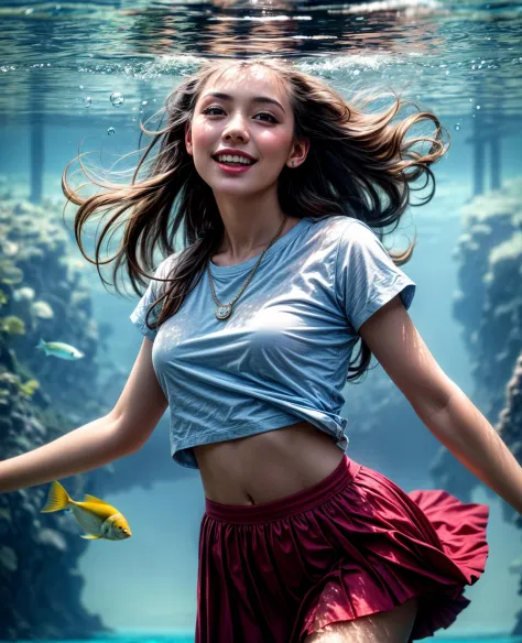 (masterpiece, best quality), (absurdres:1.2), (photorealistic:1.4), RAW photo of beautiful girl, long hair, slim, shirt, skirt, smile, (under water:1.2), fish, lagoon, ocean, blue, sunshine from above,  bubble, (ultra detailed, ultra sharp, ultra highres, 8k:1.2), shot from below