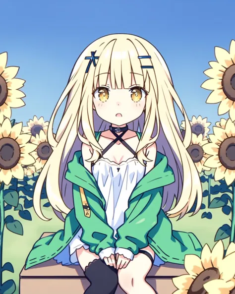 anime girl sitting on a bench in a field of sunflowers