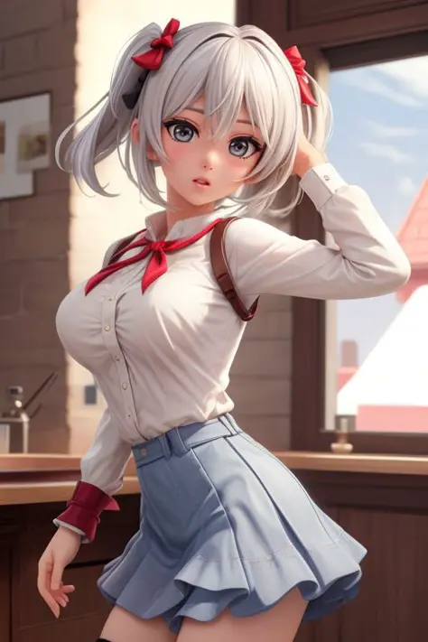 <lora:add_detail:0.5> <lora:copax_charm_eu:0.0> (photorealistic, masterpiece, best quality),  face surprised,  seductive pose,
ciel alencon, silver hair, grey eyes, short twintails,white shirt, underbust, puffy long sleeves, skirt, fingerless gloves <lora:godeater_cielalencon:0.45>