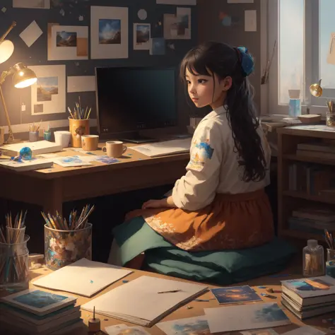 1girl, sitting before a computer, messy room,  books and snacks, (extremely detailed CG unity 8k wallpaper), the most beautiful ...