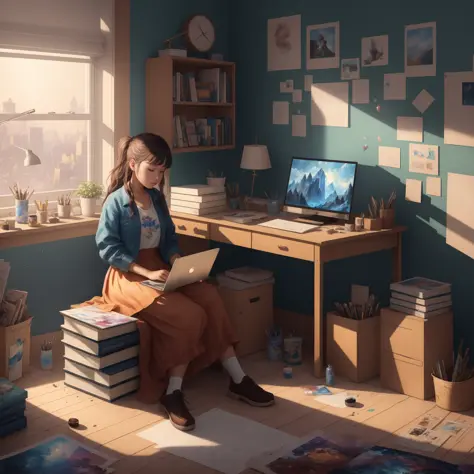 1girl, sitting before a computer, messy room,  books and snacks, (extremely detailed cg unity 8k wallpaper), the most beautiful ...