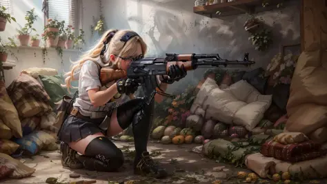 ((best quality)), (masterpiece), photorealistic, photorealism,

1girl kneeling and aiming with an ak-47 assault rifle, blonde ha...