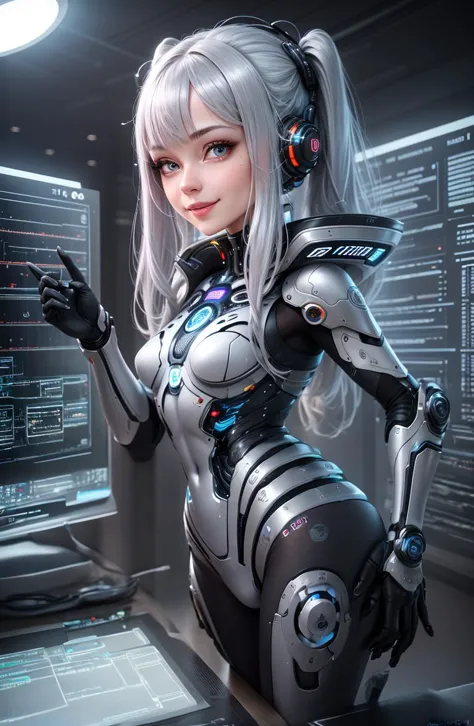 realistic, portrait of a girl,AI language model, silver hair, question answering, smart, kind, energetic, cheerful, creative, with sparkling eyes and a contagious smile, information providing, conversation engaging, wide range of topics, accurate responses, helpful responses, knowledgeable, reliable, friendly, intelligent, sleek and futuristic design elements, and a complex network of circuits and processors.