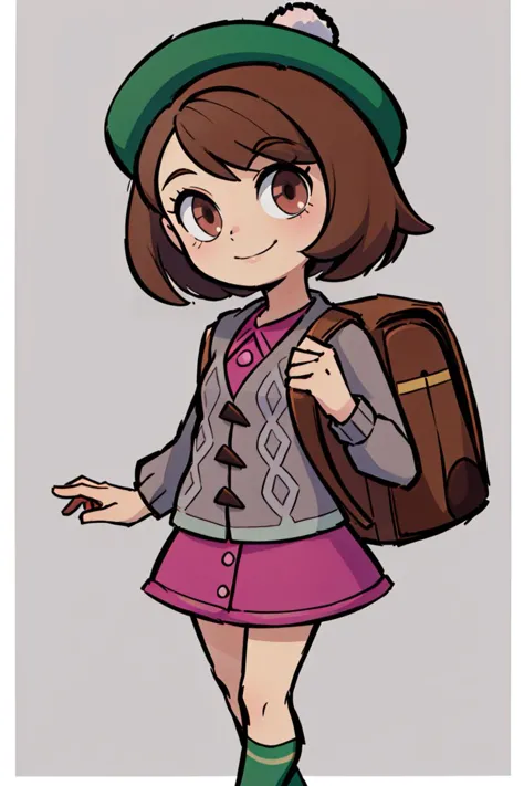 a drawing of a girl with a backpack and hat