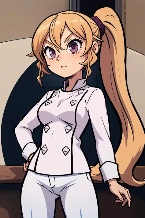 masterpiece, best quality, cowboy shot, 1girl erina, chef, long sleeves, white pants, long hair, ponytail 