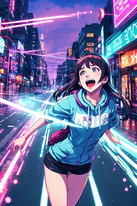 a woman in a blue hoodie running down a city street