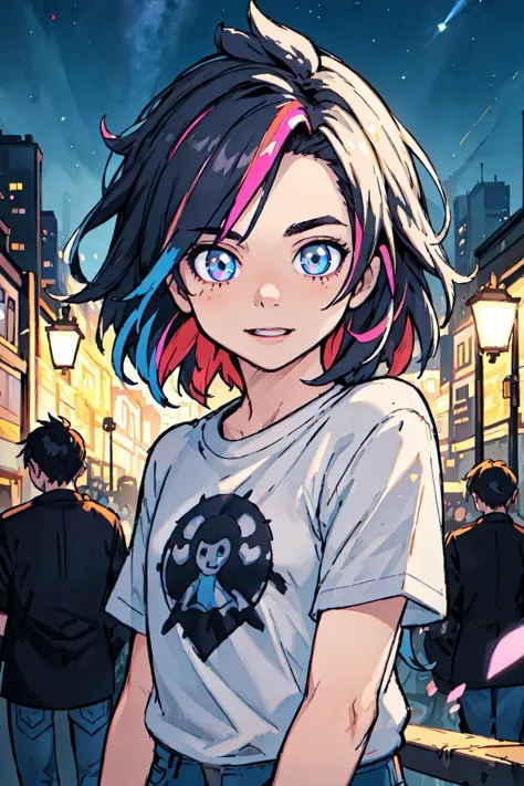 a cartoon girl with pink hair and blue eyes standing in a crowded street