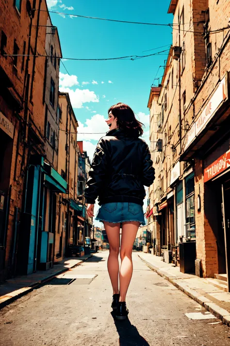 arafed woman walking down a street in a short skirt