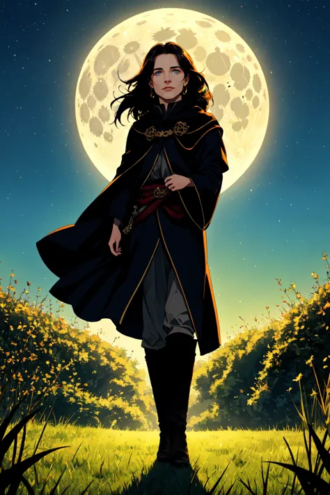 a woman in a cloak and cape standing in front of a full moon