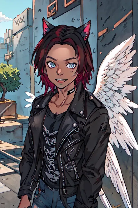 anime girl with angel wings and a black leather jacket