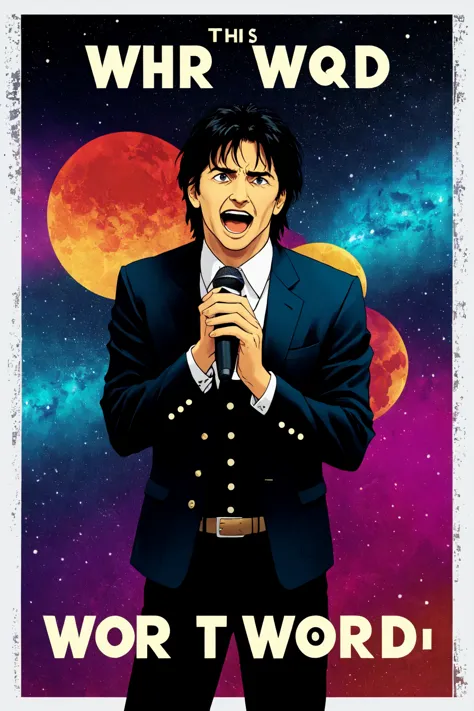 a poster of a man in a suit holding a microphone