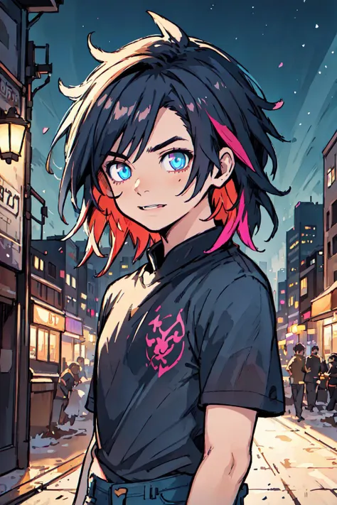 a cartoon girl with pink hair and blue eyes standing in the middle of a city