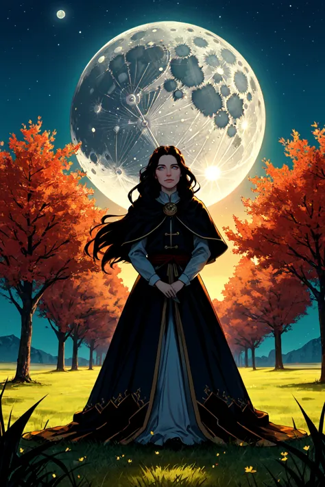 a woman in a long dress standing in front of a full moon