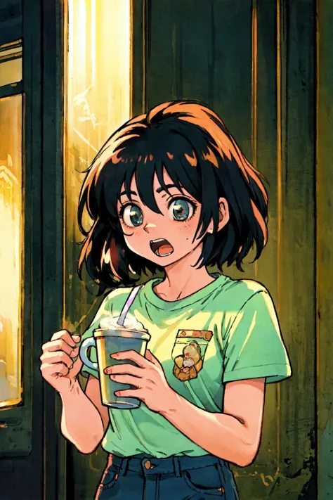 anime girl holding a cup of coffee and looking at the window