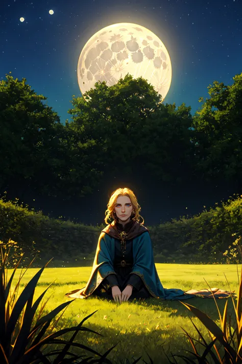 a woman sitting in the grass with a full moon in the background