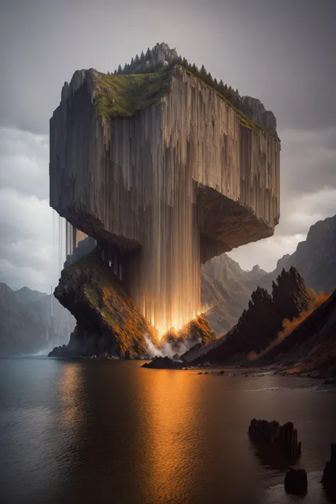 pixel sorting, Brutalist architecture, concrete, grotesque building, massive concrete structure on a stiff cliff, casting dramatic shafts of light <lora:Pixel Sorting:1>