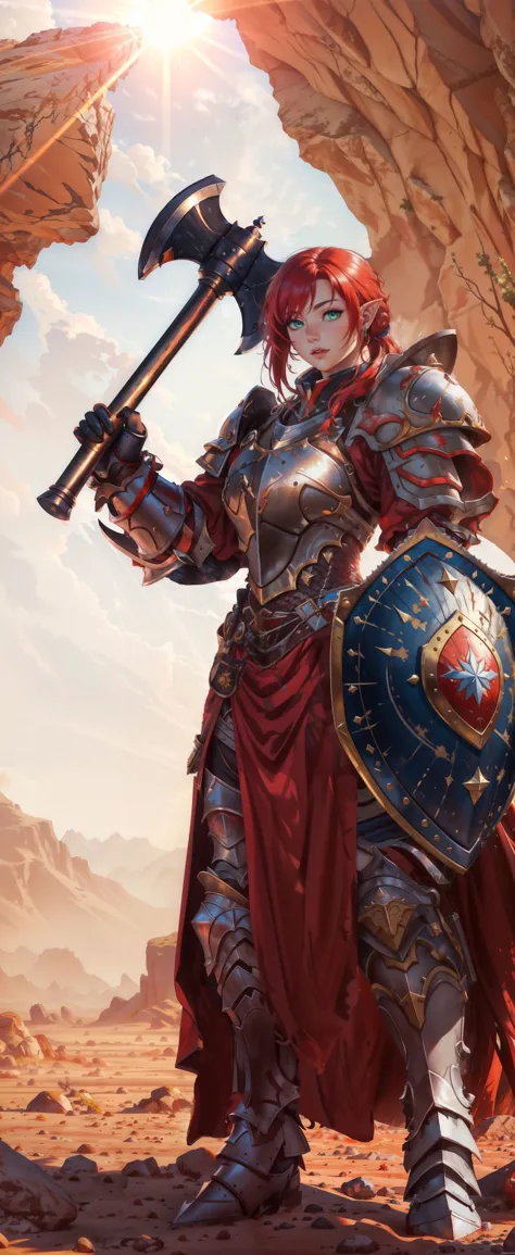 masterpiece, best quality, highres, extremely detailed 8k wallpaper, very clear, 1 girl, elv, (red hair:1.2), bright hair, (high ponytail:1.4), knight, heavy armor, knight armor, white and red armor, ultra detailed armor, beefy armor, thick armor, holding a sholding an axe, holding axe in the air, ready to swing her axe, beefy axe, power pose, dynamic pose, character concept, (CGI:0.6),  wasteland background, desert, clear air, sunlight from out of image