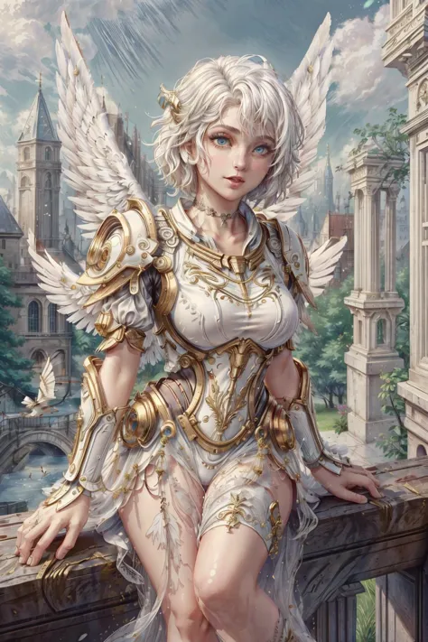 a woman with white hair and angel wings on a balcony