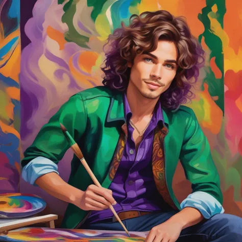 Bohemian Artist, solo, 1boy, expressive emerald green eyes, tousled and colorful wavy hair, purple velvet vest over a patterned shirt, paintbrush behind the ear, easel with a blank canvas, vibrant color palette, creativity flowing