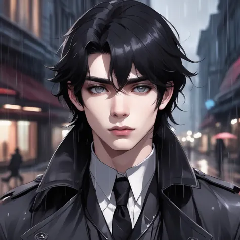 anime guy with black hair and a tie in the rain