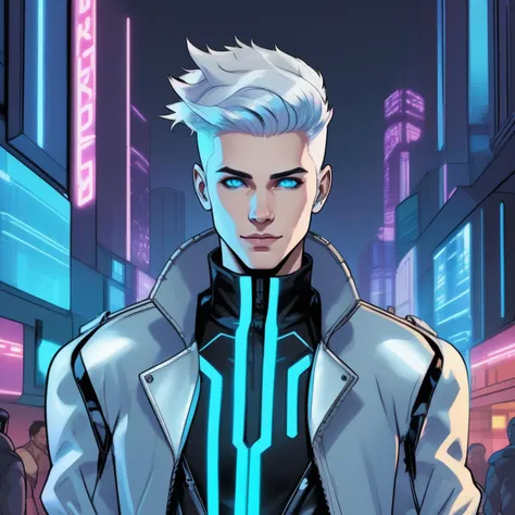 a man in a futuristic suit standing in a city at night