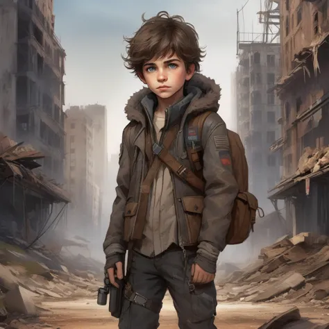 Post-Apocalyptic, solo, 1boy, weary countenance, gray eyes marked by a harsh life, disheveled and dirty hair, patched and worn leather coat, background of a city in ruins, determined expression, backpack filled with scarce supplies, battle scars