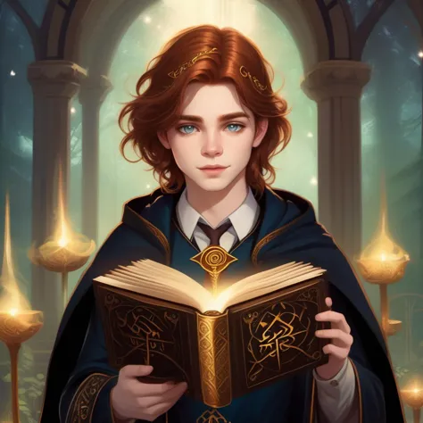 Magical, solo, 1boy, mystical atmosphere, wise golden eyes, long auburn hair in enchanted braids, velvet cloak embroidered with arcane symbols, ancient book in one hand, intricately carved staff in the other, shimmering runes, an aura of ancient magic