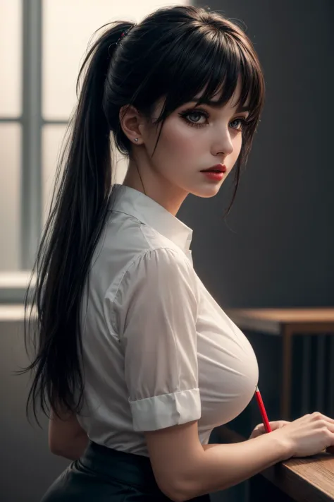 a woman with long black hair and a white shirt is sitting at a desk